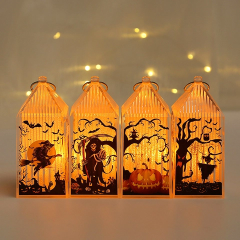 Halloween LED Lantern Night Light Plastic Pumpkin Witch Silhouette Battery Operated Desktop Hanging Decoration Ornament