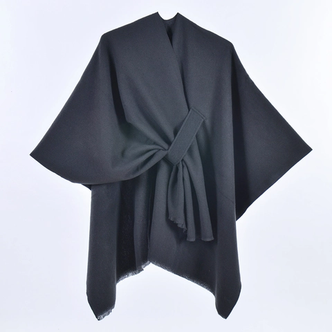 Women Faux Cashmere Shawl Poncho Tie-Up Open Front Wrap With Tassels Solid Color Striped Plaid Fashion Cape