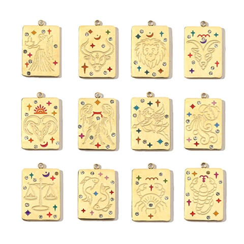 Pendentif Constellation Zodiaque Acier Inoxydable Plaqué Or Émail Strass Accessoire Bijoux DIY