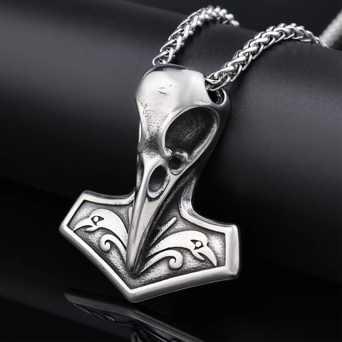 Collana Pendente Martello Di Thor Mjolnir Teschio Di Corvo Vichingo Acciaio Inossidabile Gotico Vintage Runa Nordica Uomo