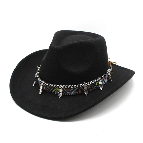Western Cowboy Hat Woolen Felt Fedora With Ethnic Embroidered Band Silver Metal Pendants Wide Brim Vintage Bohemian Unisex