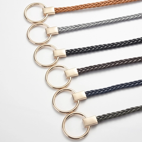 Minimalist Women Woven Skinny Waist Belt Synthetic Leather Alloy Circle Ring Buckle Thin Fashion Belt Dress Decoration
