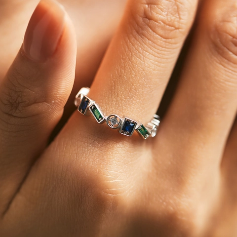 925 Sterling Silver Colorful Zirconia Ring Women Vintage Geometric Square Round Cut Finger Ring Minimalist Fine Jewelry