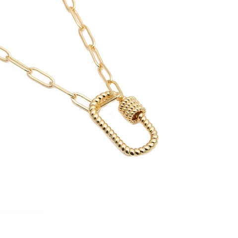 Hip Hop Gold Plated Copper Paperclip Chain Necklace With Textured Carabiner Pendant Zirconia Jewelry For Men Women
