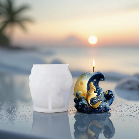 Stampo Per Candele Sirena Su Luna Stampo In Silicone Onda Oceano 3D Per Fai Da Te Sapone Aromaterapia Gesso Ornamento