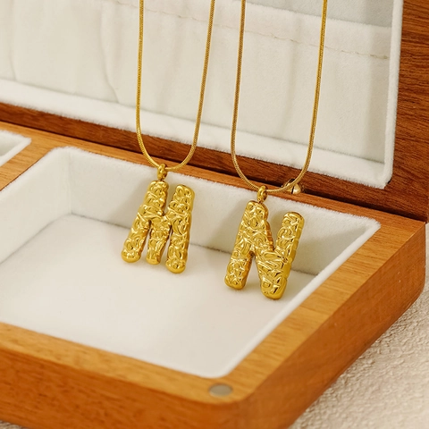 Initial Letter Pendant Necklace 18K Gold Plated Titanium Steel Hammered Wavy Texture Snake Chain Minimalist Style For Women