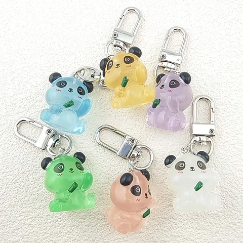 Cute 3D Panda Keychain Luminous Jelly Color Resin Animal Pendant For Bag Ornament Cartoon Panda Holding Bamboo Keychain Gift
