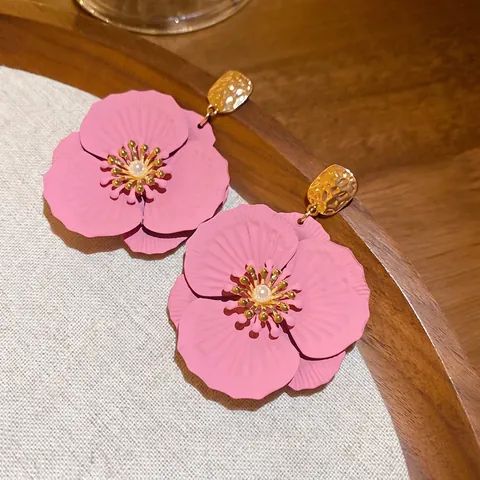 Pendientes Colgantes De Flores Rosa Mate Con Poste De Plata De Ley 925 Y Perla Artificial Joyería Floral Dulce