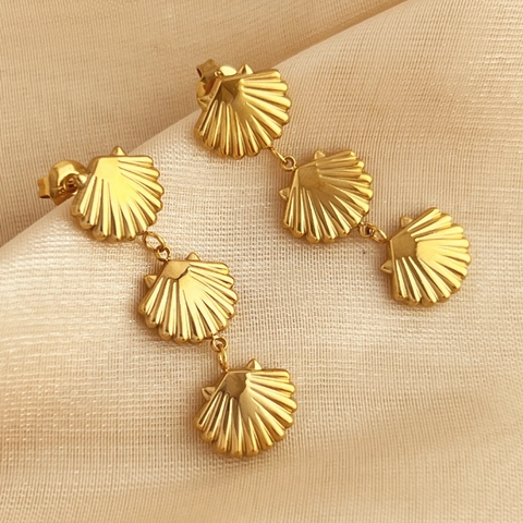 Vintage Dreifach Muschel Hängeohrringe Edelstahl Vergoldet Ozean Fächerform Elegante Mode Schmuck Für Damen