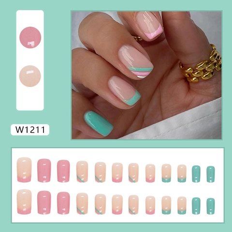 Pink Green Striped French Press On Nails Plastic Full Cover False Nails For Women Simple Sweet Style Manicure