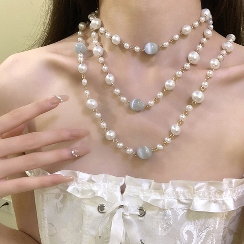 Collar Largo De Perlas Artificiales De Imitación Barrocas Vintage Piedra Ojo De Gato Multicapa Joyería Elegante De Lujo Francés Para Mujer