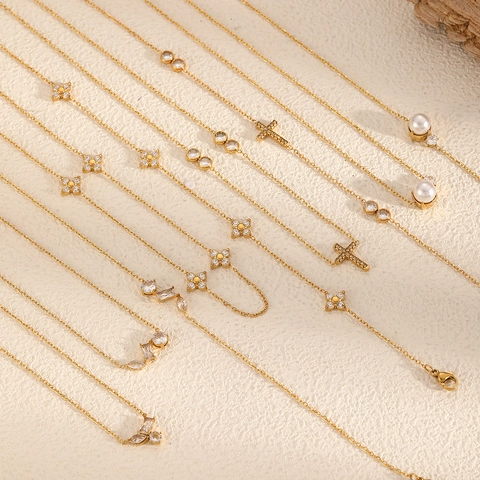 Collana Bracciale Cavigliera Orecchini Acciaio Inossidabile Croce Cuore Trifoglio Zirconia Perla Artificial Placcato Oro Gioielli Donne
