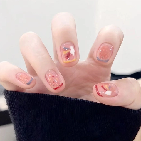 Unghie Finte Corte Plastica Colorata Motivo Arcobaleno Pois Nuvole French Tip Stile Dipinto A Mano Carino Per Ragazze