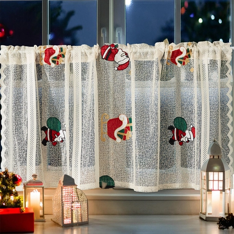 Christmas Santa Bell Embroidery Lace Coffee Curtain Polyester Mesh Semi Sheer Short Window Valance For Kitchen Cafe Decor