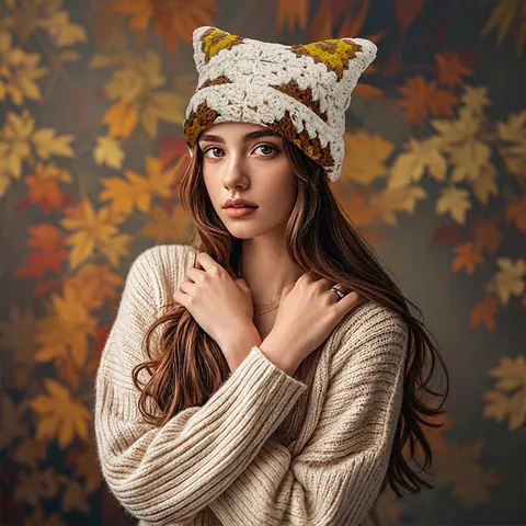 Häkelmütze Mit Katzenohren Handgefertigt Acryl Strick Winter Warm Granny Square Winddicht Damen Mütze