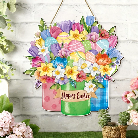 Καλό Πάσχα Άνοιξη Ξύλινη Κρεμαστή Πινακίδα Floral Τουλίπα Αυγό Mason Jar Πόρτα Πλάκα Τοίχου Διακόσμηση Σπιτιού Πάρτι