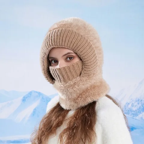 Winter Sturmhaube Beanie Mütze Dickes Fleece Gefüttert Integrierte Gesichtsmaske Halswärmer Outdoor Winddicht Warm Damen