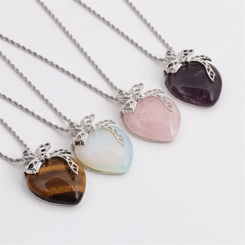Collar Con Colgante De Corazón De Piedra Natural Con Lazo De Aleación Y Cadena De Cuerda De Acero Inoxidable Mujer