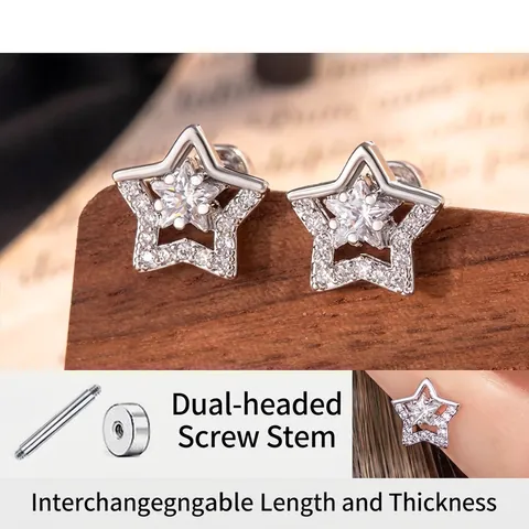 Star Stud Earrings Titanium Steel Zircon Double Head Screw Back Threaded Post Helix Piercing Fashion Jewelry For Women