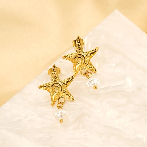 Starfish Stud Earrings With Imitation Artificial Pearl 18K Gold Plated 304 Stainless Steel Textured Marine Style For Women