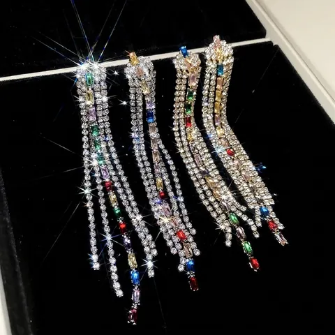 Orecchini Pendenti Con Nappe Lunghe In Zircone Multicolore Con Perno In Argento Elegante Stile Palazzo Gioielli Di Lusso Per Donne