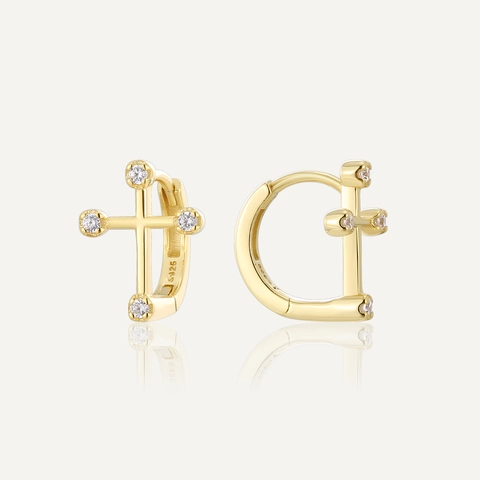 Boucles d'Oreilles Créoles Croix en Argent Sterling 925 pour Femmes Plaqué Or Zirconia Asymétrique Bijoux Minimalistes Religieux