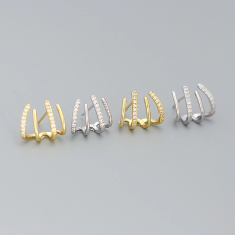 Orecchini A Perno In Argento Sterling 925 Linea Geometrica Quattro Artigli Zirconi Donna Gioielli Di Moda Minimalista