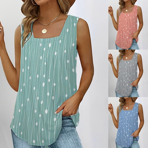 Damen Sommer Casual Punktmuster Eckiger Ausschnitt Ärmellos Trägertop Lockere Polyester Cami Weste Top Für Alltag Reise Strand