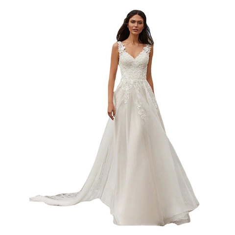 Spitze Stickerei Hochzeitskleid Tiefem V Ausschnitt Rückenfrei Lange Schleppe Brautkleid Elegant Ärmellos Tüll Damen