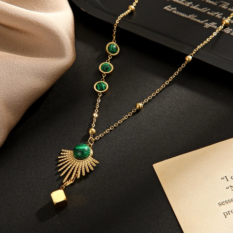 Stainless Steel Malachite Fan Pendant Necklace Gold Plated Sunburst Geometric Cube Charm Elegant Jewelry For Women