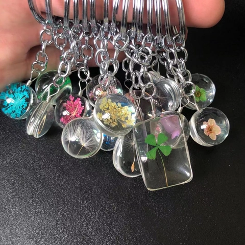 Portachiavi Moda Con Fiori Secchi Tarassaco Quadrifoglio Resina Vetro Ciondolo Creativo Stile Pastorale Regalo