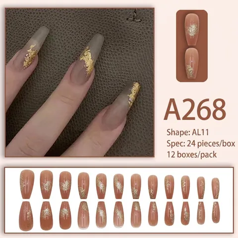 Sarg Druck Auf Nägel Lang Nude Transparent Mit Goldfolie Und Strass Künstliche Falsche Nagelspitzen Für Frauen Elegant Luxus