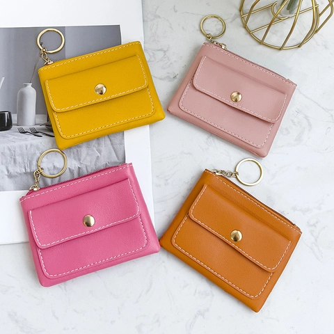 Mini PU Leather Coin Purse Key Wallet For Women With Zipper Snap Closure Contrast Stitching Gold Keychain Ring Solid Color