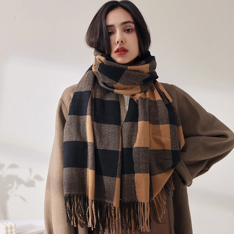 Sciarpa A Quadri Donna Finto Cashmere Caldo Inverno Scialle Spina Di Pesce Nappa Avvolgente Retrò