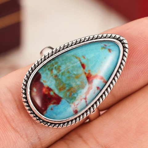 Water Drop Turquoise Style Copper Ring With Vintage Silver Finish Bohemian Ethnic Jewelry For Women Elegant Retro