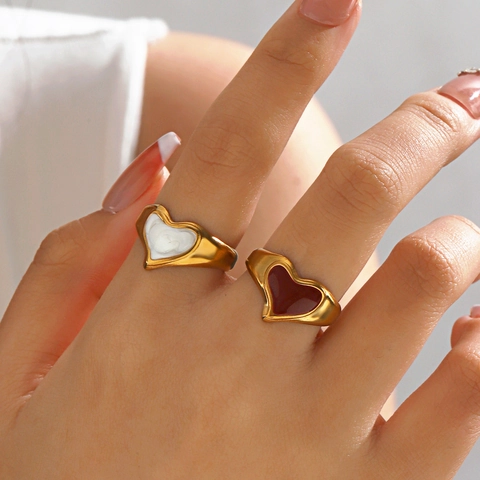 Vintage Heart Stainless Steel Open Ring 18K Gold Plated Enamel Adjustable Drip Oil Fashion Jewelry For Women