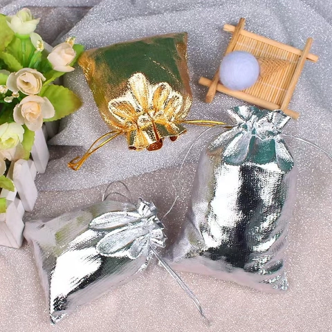 Sacchetto Metallico Oro Argento con Coulisse per Conservazione Gioielli Matrimonio Festa Natale Caramelle Confezioni Regalo