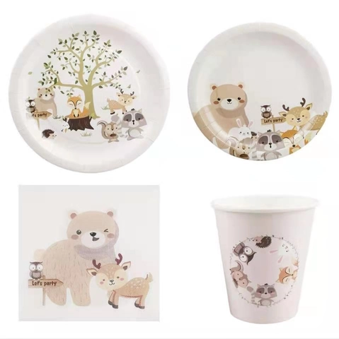 Forest Animal Party Tableware Disposable Paper Plates Napkins Cups Plastic Cutlery Birthday Decorations Jungle Cartoon Style