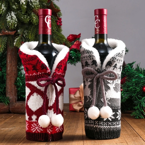 Funda Para Botella De Vino De Navidad Suéter De Punto Estampado De Reno Copo De Nieve Con Lazo Pompones Decoración De Mesa