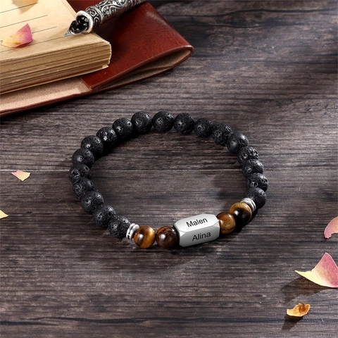 Bracelet Perles Pierre Oeil De Tigre Roche Volcanique Acier Inoxydable Cylindre Plaque Nom Bijou Hommes Femmes