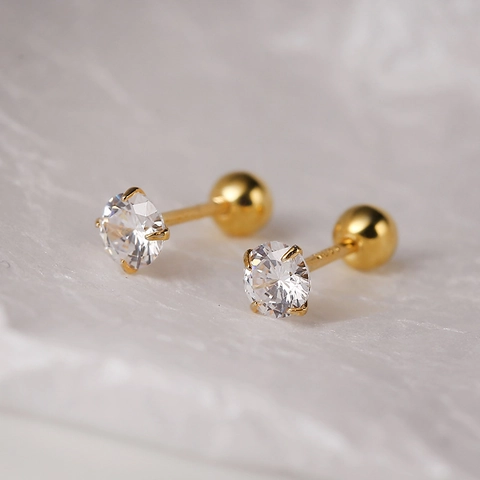 925 Sterling Silver Gold Plated Zirconia Stud Earrings Four-Prong Round Screw Back Minimalist Piercing Jewelry For Women