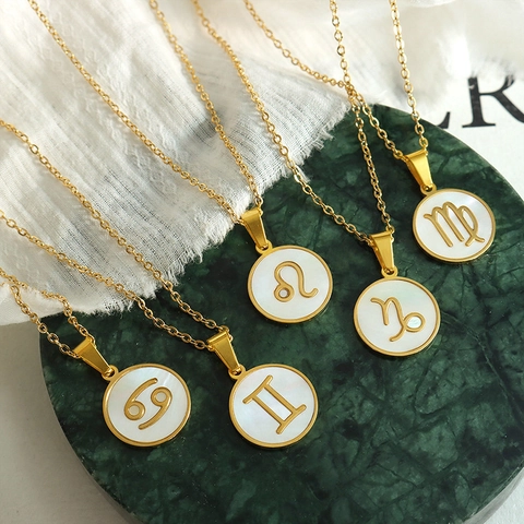 Zodiac Necklace 18K Gold Plated Stainless Steel White Mother Of Artificial Pearl Pendant Constellation Jewelry For Women