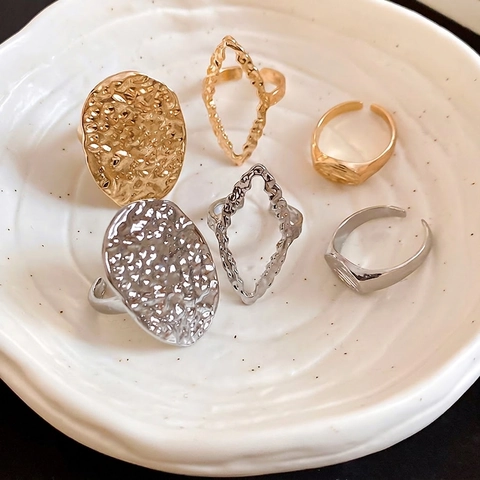 Hammered Texture Rings Alloy Irregular Geometric Oval Hollow Rhombus Open Adjustable Jewelry For Women Minimalist