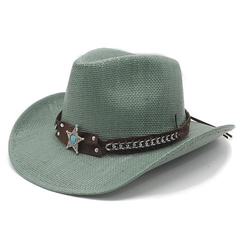 Western Cowboy Hat Woven Straw Wide Brim Sun Protection Ethnic Belt Star Badge Turquoise Outdoor Summer Men Women