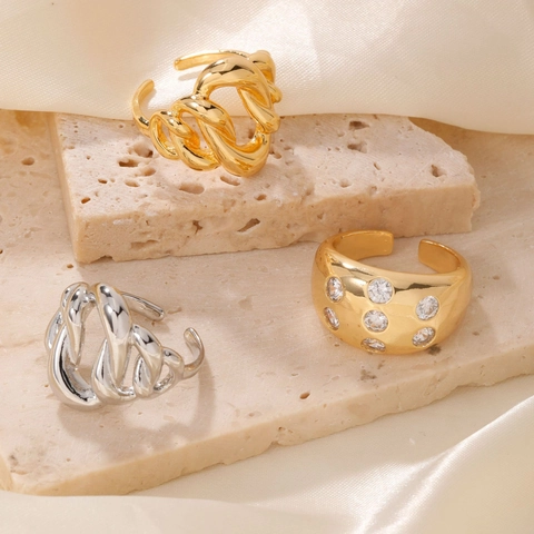 Irregular Chunky Copper Ring With Rhinestone Chic Twisted Braided Open Ring For Women Elegant Gold Silver Plated Jewelry