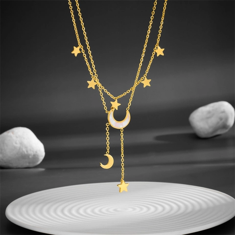 Double Layer Necklace Titanium Steel Star Moon Butterfly Mother Of Artificial Pearl Shell Tassel Pendant Elegant Jewelry For Women