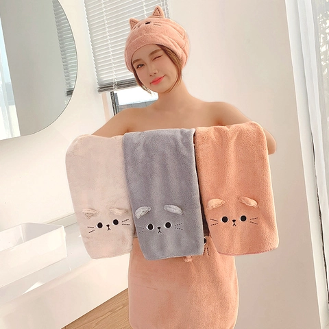 Cat Face Embroidery Hair Drying Towel Coral Velvet Highly Absorbent Cute Cartoon Face Wash Hand Towel For Bathroom