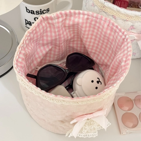 Quilted Cotton Storage Basket Lace Bow Decor Desktop Organizer Bin Household Stationery Cosmetics Pastoral Style Round