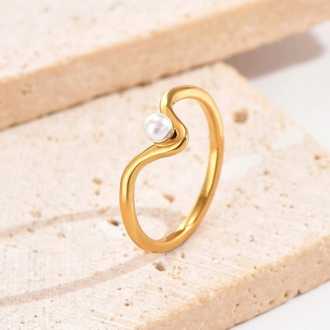 Minimalist V Shaped Wave Ring Gold Plated Titanium Steel Faux Artificial Pearl Decor Fashion Elegant Jewelry For Women