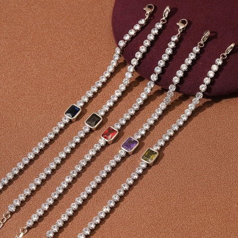 Elegante Pulsera Tennis de Acero Inoxidable con Diamantes de Imitación Cuadrados de Colores para Mujer Joyería Chapada en Oro 18K